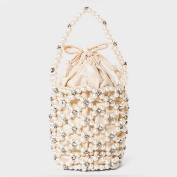 Cream Faux Pearl Beaded & Sparkling Accents with Vintage Glamour! Statement Bag! - Picture 4 of 7